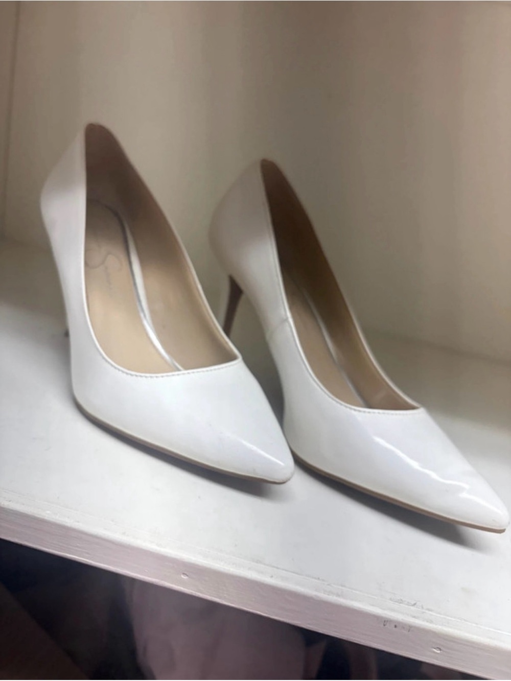 Jessica Simpson White Patent Pointed-Toe Pumps